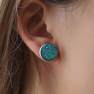 NWT Rhodium Plated Druzy Aqua Blue Stud Earrings